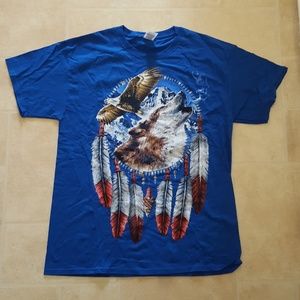 blue graphic t-shirt with wolf and eagle